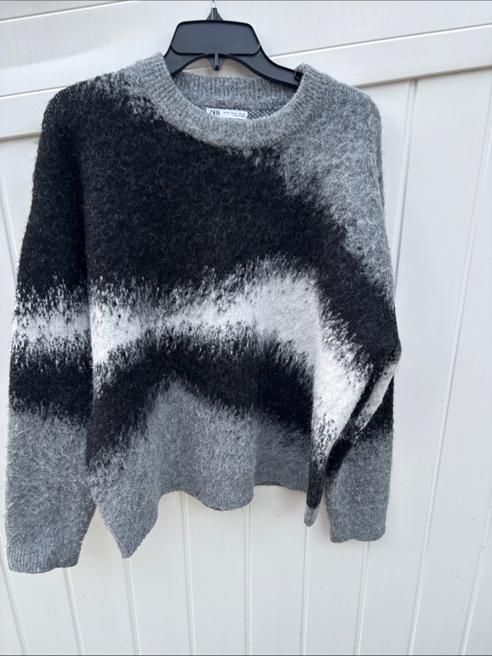 Zara Black, Gray & White Fuzzy Wave Crewneck Sweater